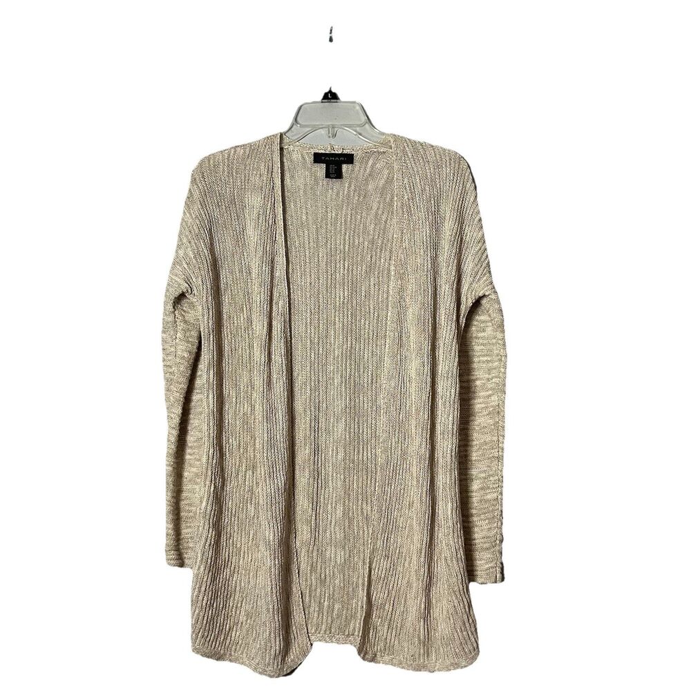 Tahari Linen Blend Long Cardigan Beachy Coastal Minimal Long Open Knit Size‎ M